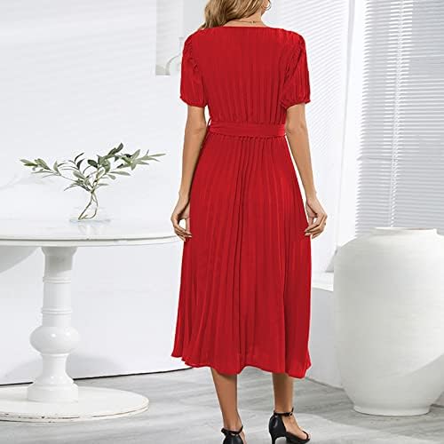 Дами летни фустани 2023 случајна обвивка против вратот со кратки ракави макси фустан со висок половината