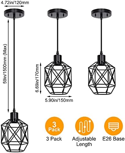 Индустриски Приврзок Осветлување 3 Пакет, Прилагодливи Висечки Светлосни Тела Со Геометриска Метална Нијанса И Црна Завршница, Светло За Приврзок