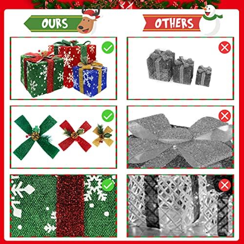 Божиќни украси Осветлени кутии за подароци сет од 3 големи, пред-осветлени 60 LED светлосни кутии со лак за снегулка и пинони, совршени