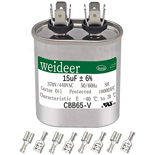 Weideer 15 UF ± 6% MFD 370/440 VAC CBB65 овален старт за почеток на кондензатор за ладна или топлинска пумпа за климатизација или наизменична струја и стартувач на вентилаторот, со