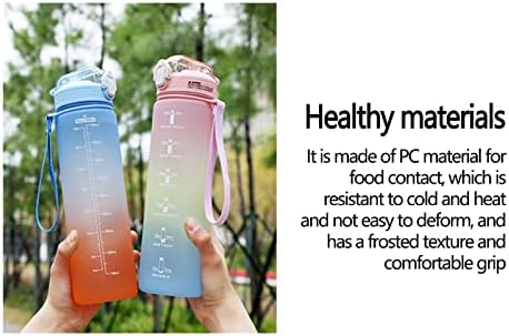 CE1CLO 1L Спортско шише со вода со временски маркер и лента за токи, без BPA, градиент-отпорен на вода колба за колба, еден клик отворен за фитнес/теретана/кампување/спорт