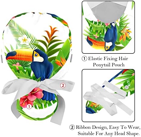 2 ПЦС медицинска сестра за чистење жени со долга коса, тропски цвеќиња прилагодливо работно капаче со копче и џемпери разнобојно