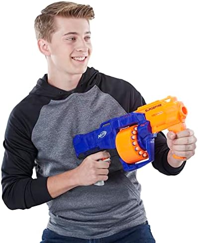 Nerf Surgefire Elite Blaster-ротирачки тапан со 15-DART, слем оган, вклучува 15 официјални елитни пикадо на Nerf-за деца, тинејџери, возрасни