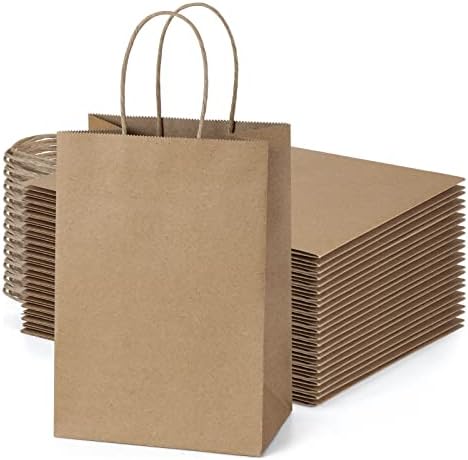 Ucgou 100pcs мали торби за подароци 5.25x3,75x8 инчи кафеави хартиени кеси со рачки Крафт торби за купување малопродажни торби занаетчиски