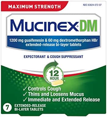 Потиснувач на кашлица и експекторант, максимална јачина на муцинекс ДМ 12 часа таблети, 7CT, 1200 мг гуафенезин, го олеснува метежот на градите,