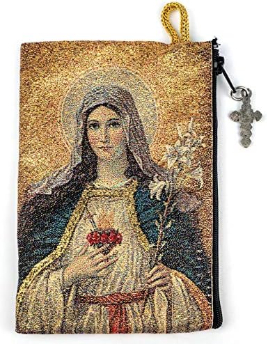 Розарија торбичка со маслиново дрво католичко јаже Розарија од Израел, Свето срце на Исус и Бесмислено срце на Марија ткаена ткаенина Трајска таписерија Икона Тра?