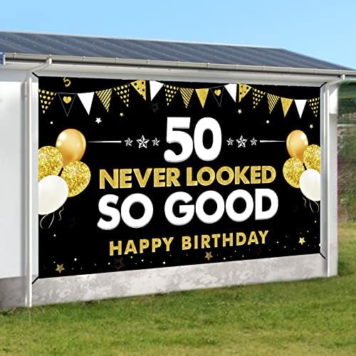 Смешни 50-Ти Роденден Банер Украси За Мажи Жени, Црно Злато Среќен 50-ти Роденден Никогаш Не Изгледаше Толку Добро Банер Партија Материјали,