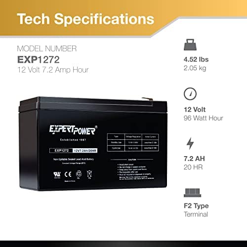 ExpertPower® 12V 7.2AH Запечатена батерија за полнење на киселина на олово за безбедносен систем за безбедност со терминали F2 || EXP1272