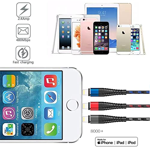 3 шарени iPhone Молња Кабел 6FT 3Packs Премиум USB Кабел За Полнење, Apple MFi Сертифициран за iPhone Полнач, iPhone 13/12/11/SE/Xs/XS