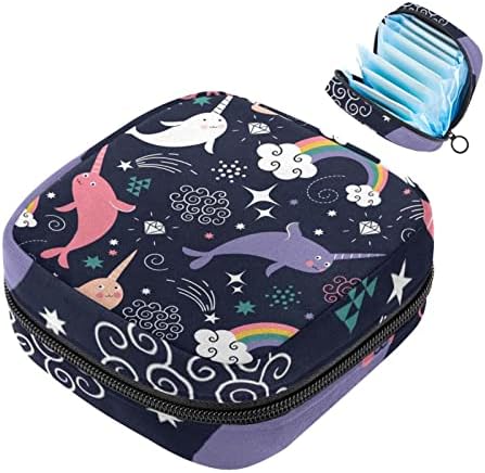 Санитарна торба за складирање на салфетка, торбичка за подлога, торбичка за подлога, мала торба за шминка, морски животни еднорог кит сина шема