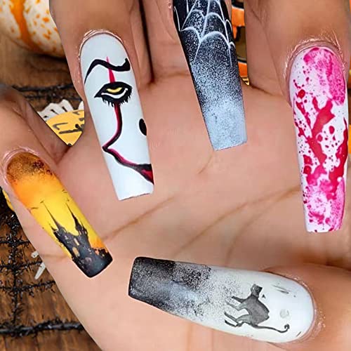 Ноќта на вештерките Прес на ноктите Екстра долго, Kxamelie Spider-Web Fox Grimace Full Cover Coffin Matte Fake Nails комплет со