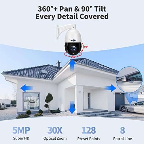 Hiseeu 5MP 30X POE PTZ Security Camera, 30x оптички зум IP надворешна камера, двонасочна аудио, 500ft ден/ноќно гледање, откривање на човекот,