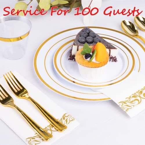 700 парчиња злато за вечера за 100 гости, пластични плочи за еднократна употреба за забава, вклучете: 100 плочи за вечера со злато, 100 таблички за десерт, 100 салфетки за ха?