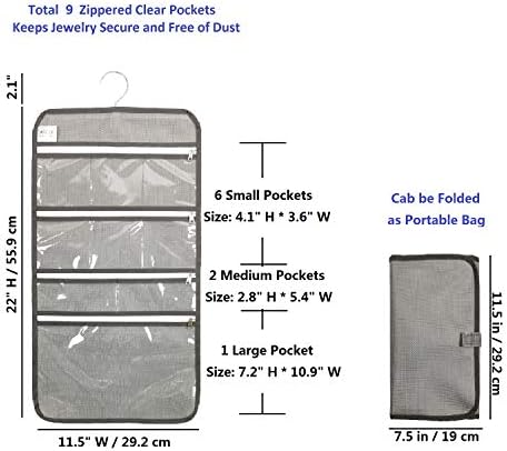 Анизер Патување Преклопен Накит Ролни Торба Виси Накит Организатор со 9 Патенти Јасни Џебови Торбичка За Складирање Со Ротирачка Закачалка