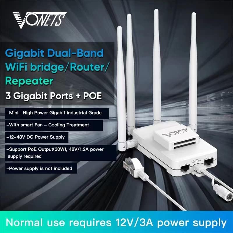 Vonets var1200-H Индустриски Гигабит мини двојна лента Smart WiFi Bridge/Безжичен рутер/WiFi до Ethernet адаптер 1200Mbps со 1 вентилатор за ладење, 2 пристаништа за Gigabit LAN, 1 Gigabit RJ45, POE/DC поддр
