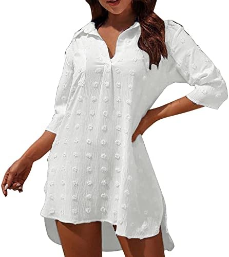 Lariau обичен летен фустан, женски костим за капење на плажа бикини плажа од одмор плажа прикриена кошула џеб фустан официјална постелнина фустан бело