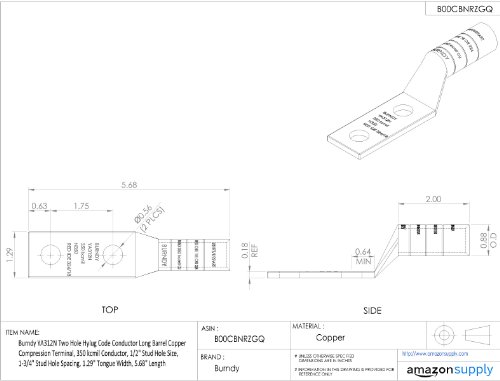 Барнди ЈА312Н Проводник Со Две Дупки Со Хилуг Код Долг Терминал За Компресија На Бакар Со Барел, 350 Kcmil Проводник, Големина На Дупка За Обетка Од 1/2, Растојание Од Дупки