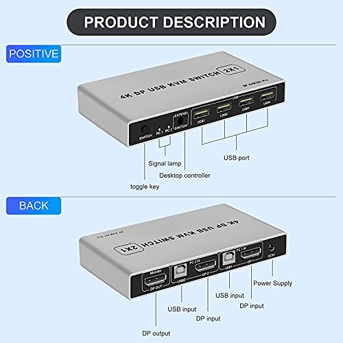 DisplayPort Kvm Прекинувач 2 Порта 4K 60Hz USB И DP Прекинувач за 2 Компјутери Сподели Тастатура Глувчето Печатач Монитор За Лаптоп,