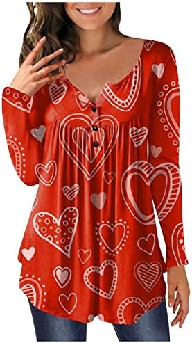 Женски врвови на в Valentубените се кријат маици со долги ракави со долги ракави, симпатична срцева течност Хенли маичка облечени блузи за хеланки