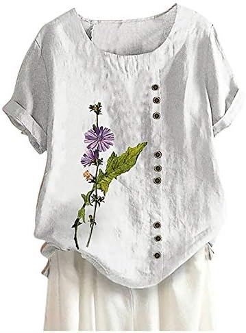 Преголеми врвови за постелнина за жени со цвеќиња со цвеќиња за печатење, маица со кратки ракави со кратки ракави, лабави летни блузи