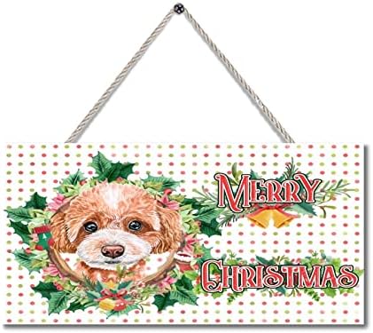 Среќен Божиќен знак Симпатична куче Холи Венец дрвена wallид уметност виси знак врата Божиќни украси за патување дома градина бар кафе 4 x 8
