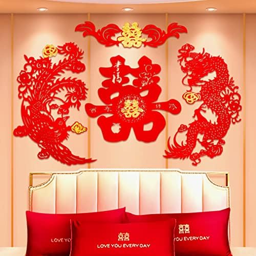 Традиционална Кинеска Декорација За Свадбена Веселба Змеј Феникс Налепници За Врати Хартија-Исечени Прозорски Шипки