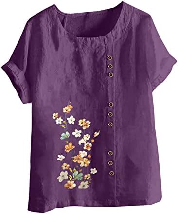 Плус големина памучни постелнина кошули жени цветни печати кратки ракави на врвови модни обични екипаж преголеми маички блузи