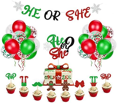 Божиќни родови откриваат украси за забави, тој или таа банер елф снегулка торта за зимски празник декември или девојче бебе туш црвена