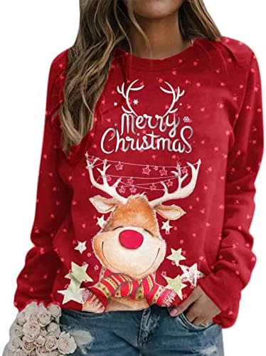 Црвени Божиќни џемпери за жени Симпатична ирваси печати екипаж со долги ракави кошули плус големина џемпери зимска облека врвови