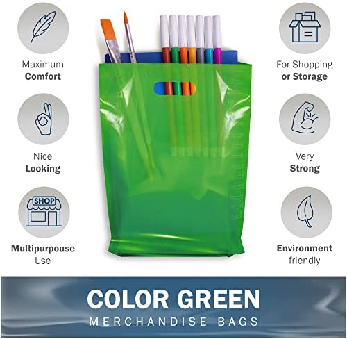 Сјајни производи за стока за купување на популарни пластични кеси - 100 зелени вреќи со рефус во боја 9 x12x1.25 in - Пластични кеси за купување со рачки - кеси за купување з?