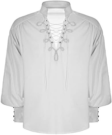 Средновековна блуза плус големина мажи мода обична едноставна плус големина цврста боја стојат јака каиш кошула врвна блуза пират бела