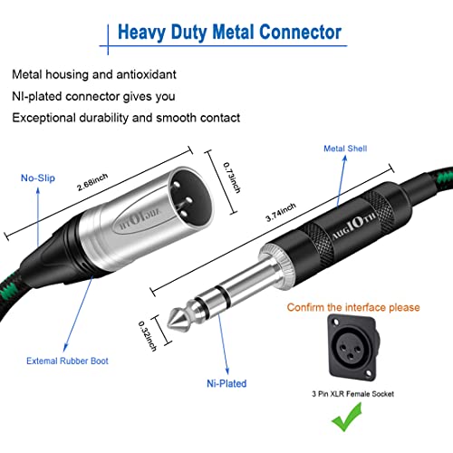 Augioth XLR машки до 1/4 кабел 20ft 2pack, рамнотежа 6,35 mm TRS приклучок на 3-пински XLR машки, четвртина инчен TRS машки до XLR машки микро-кабел за звучник за напојување, миксер, засил?