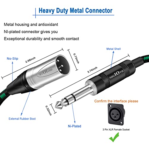 Augioth XLR машки до 1/4 кабел 20ft 2pack, рамнотежа 6,35 mm TRS приклучок на 3-пински XLR машки, четвртина инчен TRS машки до XLR машки