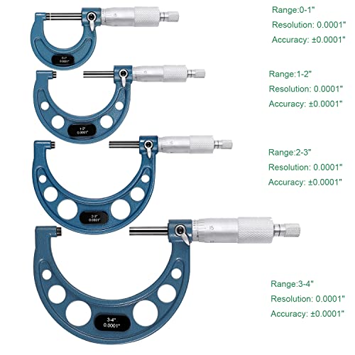 Ригкомл надвор од микрометар сет, 0-4 Машинист микрометар, 0,0001 Сет за микрометар за дипломирање, сет на алатки за машини за 4 парчиња, алуминиумска