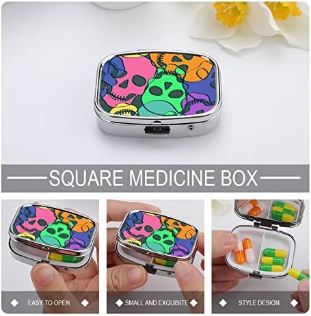 Пилула кутија Шарени черепи со таблети во форма на плоштад во форма на таблети, преносен пилум за витамин контејнер Организатор на апчиња
