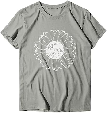 Плус големина на врвови за жени, женски сончогледово графичко писмо за печатење врвови со кратки ракави, летна летна обична блуза