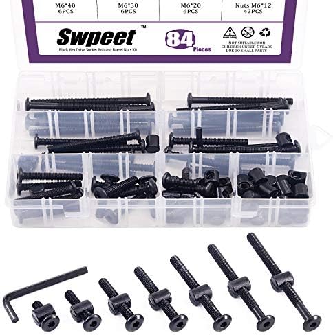 SWPEET 120PCS црн M6 × 20/30/40/50/60/70/70/80мм комплет за хардверски завртки за креветчиња и завртки за хардвер од 100 парчиња креветчиња