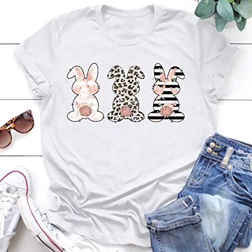 Симпатични маици за жени сончоглед графички маички летни кратки ракави врвови девојки велигденски зајаче кошули обични лабави маици