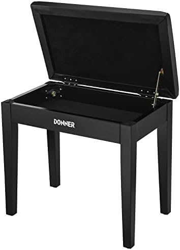 Донанер клупа за пијано со складирање, цврсто дрво тастатура клупа за пијано столче столче седиште со подлога со сунѓери со висока густина, црна
