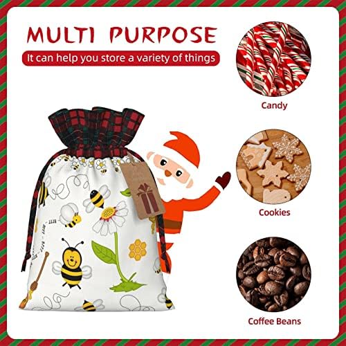 Божиќни Торби За Подароци Со Врвки Смешни-Пчела-Мед-Жолта Биволска Карирана Торба За Влечење Партијата Ги Фаворизира Чантите