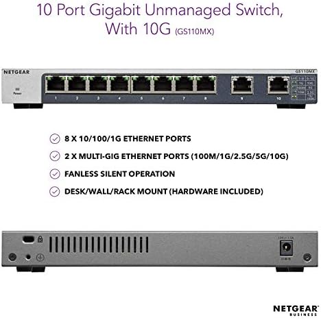Netgear 10-порта Gigabit/10g Ethernet Не управуван прекинувач-со 2 x 10g/мулти-цига, десктоп/RackMount и заштита на животниот век