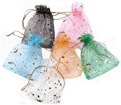 Snadulor 100 Парчиња Проѕирни Торби Со Органза Со Врвки Златна Ѕвезда Месечина Печатење Подарок Торбички За Накит За Свадбена Забава Божиќна Корист Торби За Подароци За