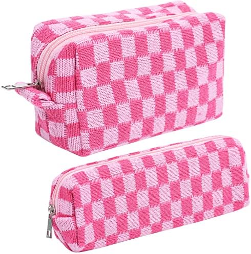 Чанта за Шминка лусофи Карирана Козметичка Кеса Розова Торбичка Со Патент 1 парче Торба За Тоалет Со Голем Капацитет и 1 парче