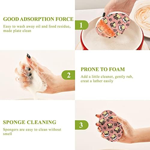 Alaza Pug Dog Paw Print Смешно природен сунѓер кујнски целулоза сунѓери за миење садови за миење бања и чистење на домаќинства, не-крик и еко пријателски, 3 пакувања