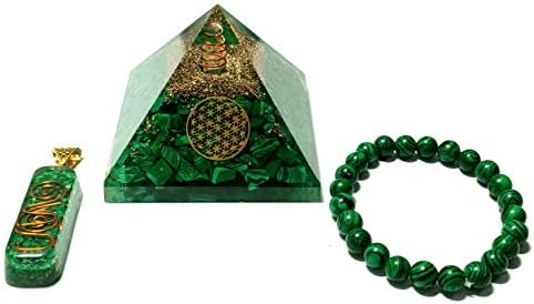 Sawcart Malachite Green Crystal Orgone Pyramid со симбол на цвет на живот, камена нараквица и оргон приврзок ѓердан комбо за чистење на аура,
