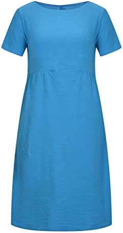 Фустани за летни постелнина за жени 2023 Обичен цврст екипаж врат Краток ракав Миди маица фустан со џеб