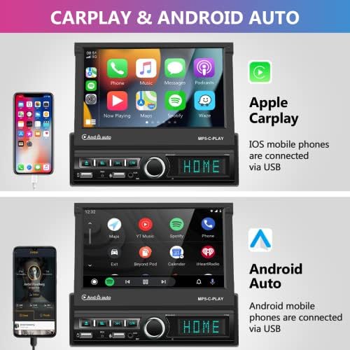 Еден Дин Автомобил Стерео Со Apple Carplay 7 Инчен Моторизиран Екран На Допир Bluetooth Автомобил Радио Со Резервна Камера, Android Auto,
