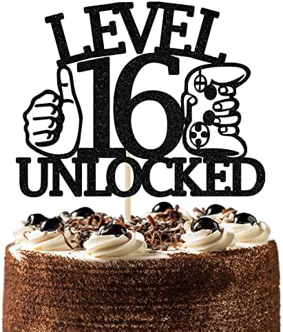 Прво ниво на света причест 16 отклучен топер за торта, тема за видео игра Среќен 16 -ти роденденски декор за торта, слатка 16, момчиња девојки смешни 16 -ти роденденски ук