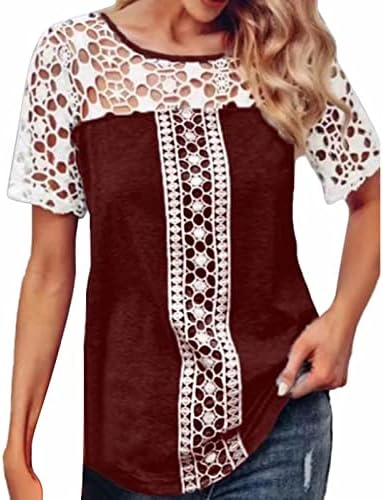 Кошули за жени 2023 лето женски тркалезен врат, обичен чипка панел со кратки ракави врвни маички суви технолошки кошули жени жени