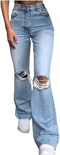 Womenенски искинати фармерки со високи половини, потресени панталони со широки нозе, трендовски обични панталони улична облека